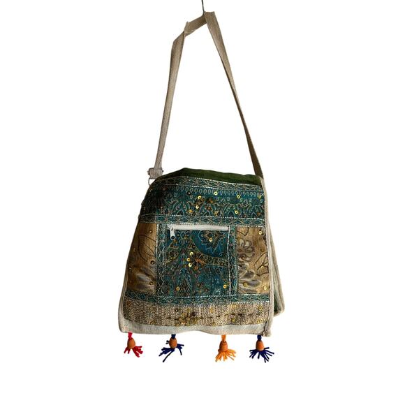 Dolls of India Jute Bag - green/teal/multi color - beads and sequence handbag - Picture 2 of 11